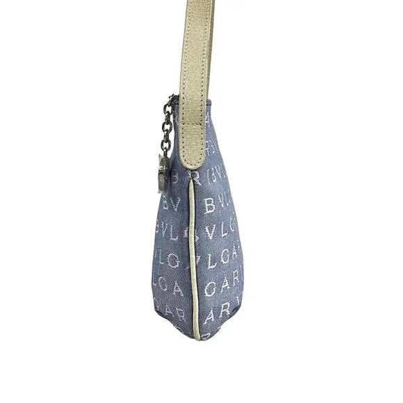 BVLGARI Logo Mania Light Blue Cream Jacquard Leather Shoulder Bag